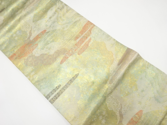 引箔　道長取りに地紙・花模様織り出し名古屋帯